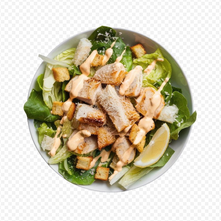 PSD un plato de ensalada con ensalada de pollo y un corte por la mitad