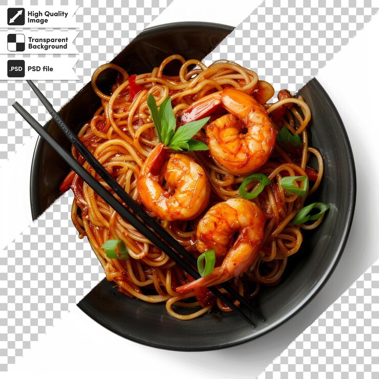 PSD un plato de espagueti con camarón y fideos en él