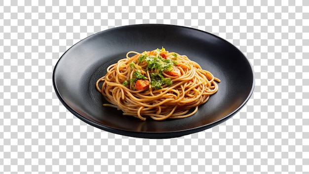Un plato de espagueti cubierto de verduras de colores sobre un fondo transparente