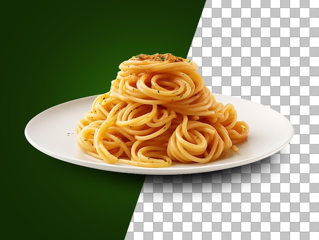 Un plato de espaguetis con un fondo verde y transparente.