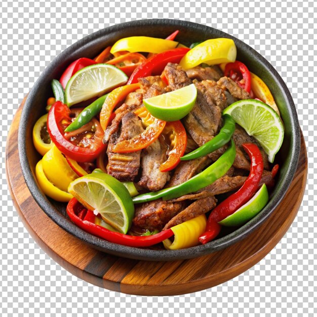 PSD plato de fajitas chisporroteante con limón en rodajas sobre un fondo transparente