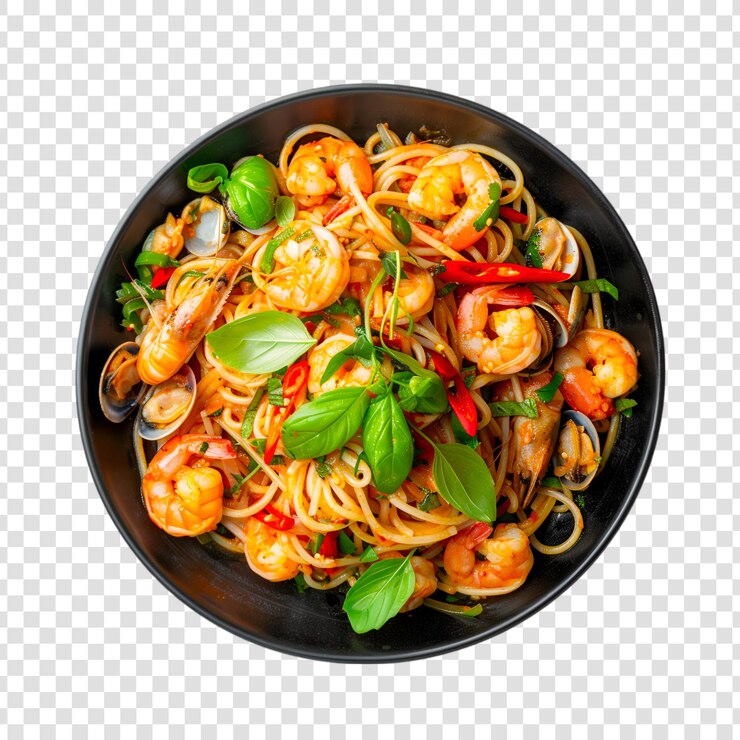 PSD un plato de fideos con camarones y hojas en un fondo transparente