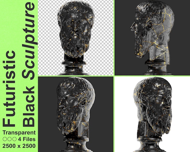 PSD plato, filósofo grego, estátua de busto digital 3d em mármore preto e ouro