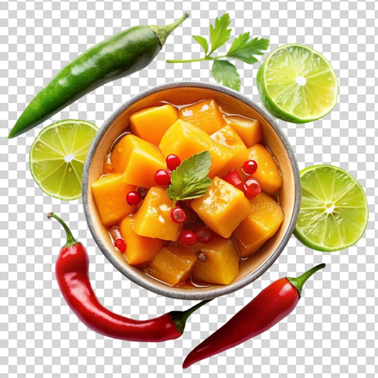 PSD un plato de fruta con una pimienta roja en el lado sobre un fondo transparente