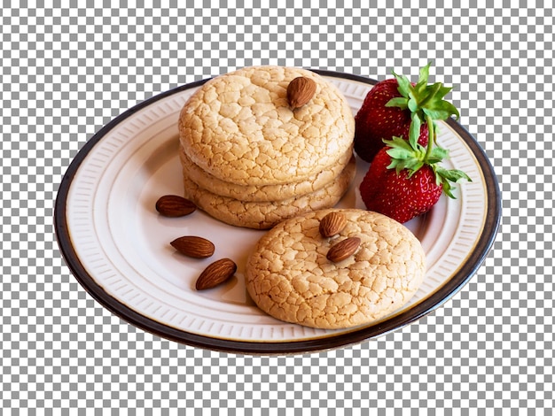 Plato de galletas con fresa y almendras sobre fondo transparente