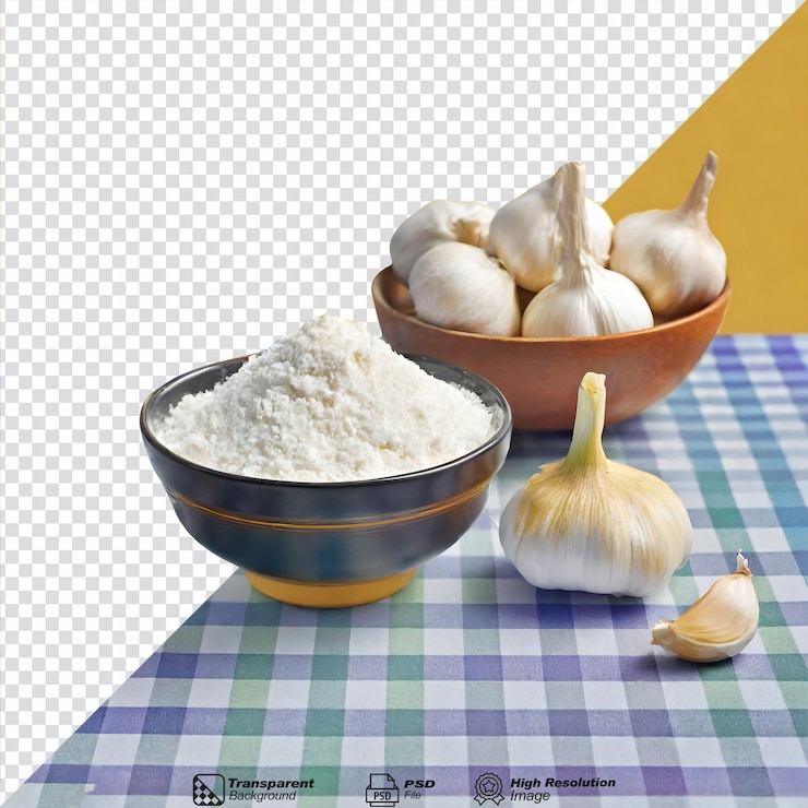 PSD un plato de harina y un plato de ajo en un fondo transparente aislado a cuadros