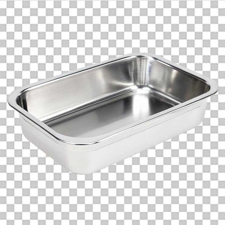 PSD plato de horneado de acero inoxidable aislado sobre un fondo transparente