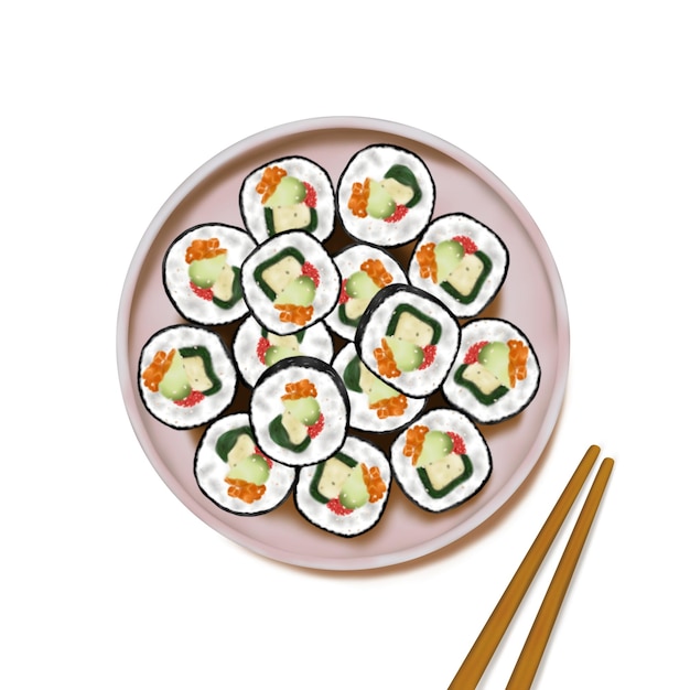 un plato de kimbap con palillos en él