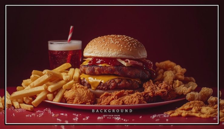 PSD un plato lleno de una hamburguesa de queso doble, pollo frito y papas fritas y un vaso de refresco en un rojo