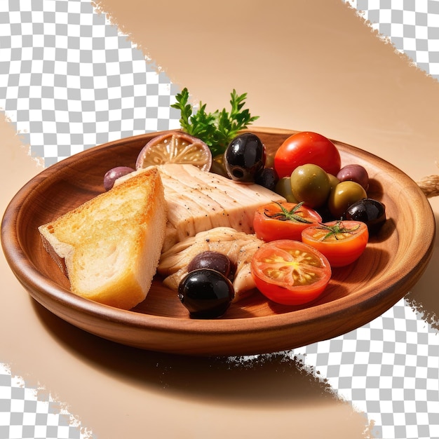 Plato de madera con filete de pescado, tomates, aceitunas y pan.