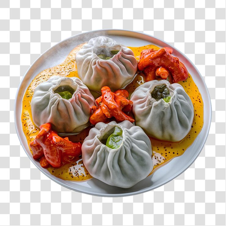 Un plato de Momos de pollo con salsa y pepinillo de jengibre aislado en un fondo transparente