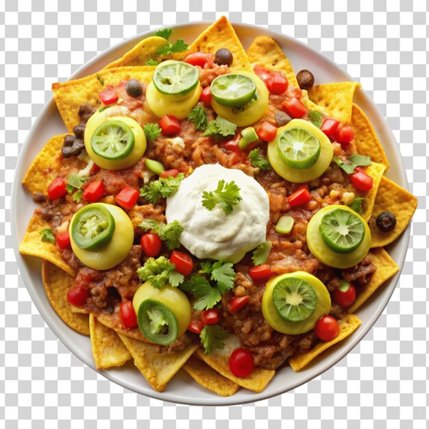 PSD un plato de nachos cargados con queso, salsa, guacamole y crema agria aislados en un fondo transparente