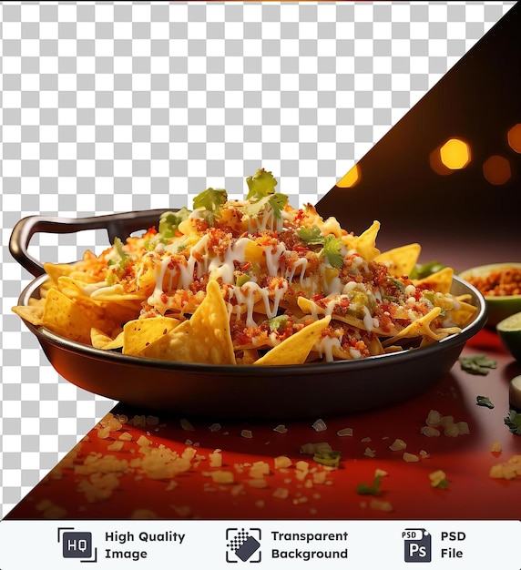 Plato de nachos y papas fritas de alta calidad acompañado de una cuchara de plata en una mesa roja iluminada por luces naranja y amarilla