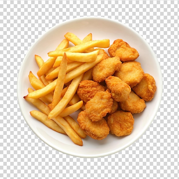 Un plato de nuggets de pollo y papas fritas en un fondo transparente