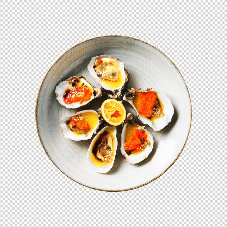Plato de ostras con limón con fondo transparente