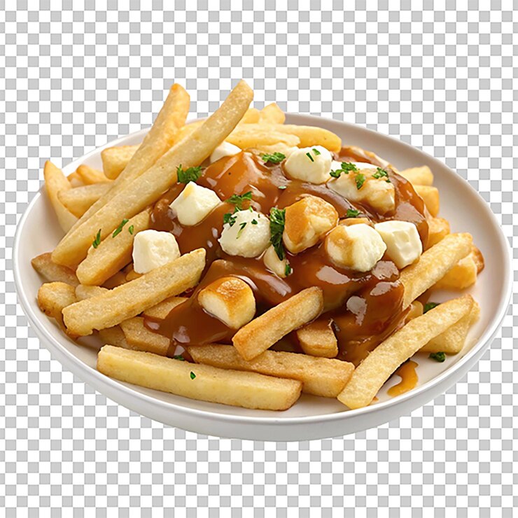 PSD un plato de papas fritas crujientes con salsa y queso curd poutine