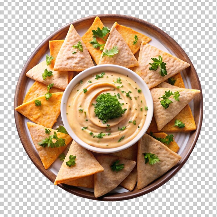 PSD plato de papas fritas y hummus en un fondo transparente