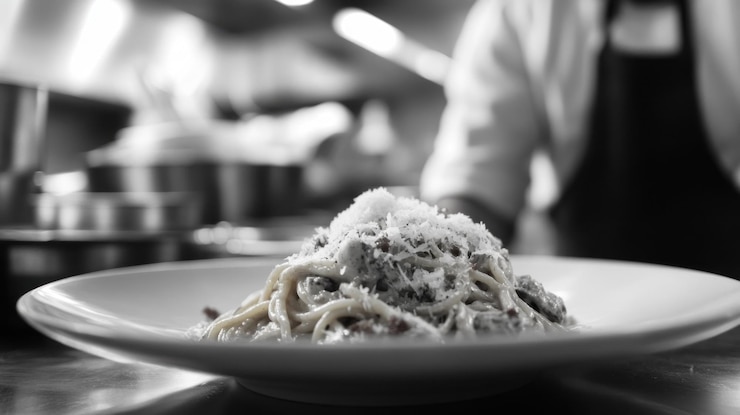 PSD plato de pasta cremoso en un plato blanco en la cocina de un restaurante