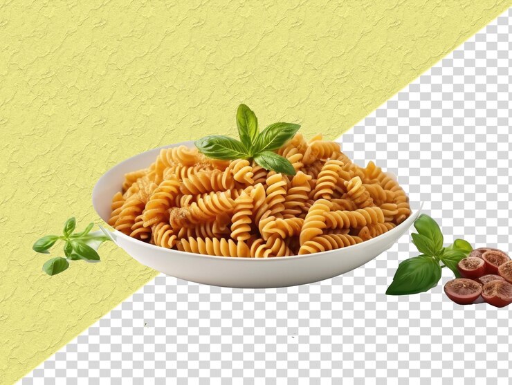 PSD un plato de pasta con un tomate en él y una imagen de un tazón de albahaca
