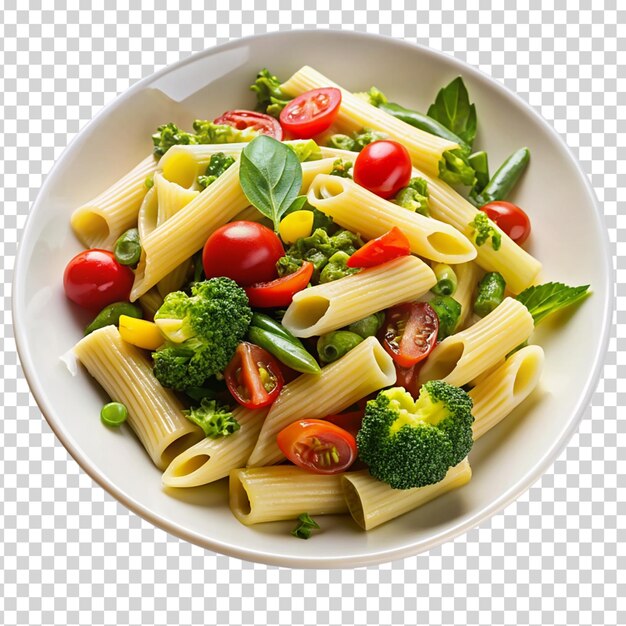 Un plato de pasta con verduras en un fondo transparente