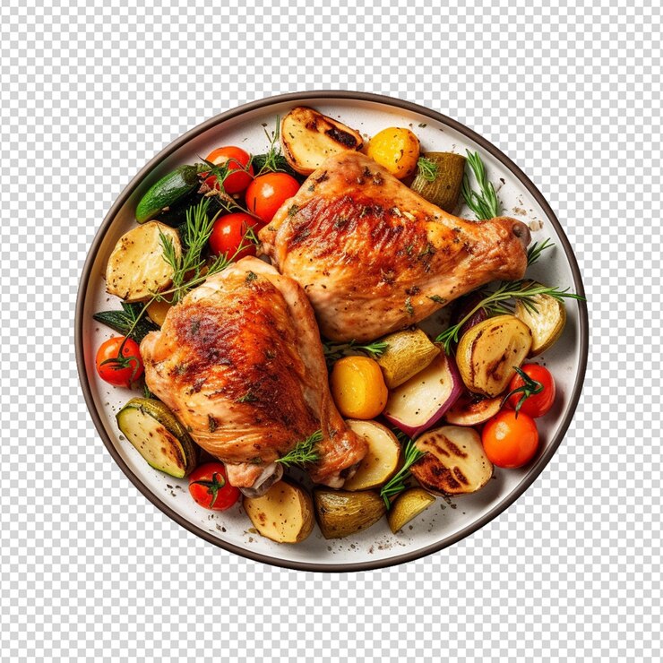PSD plato de pecho de pollo y patatas sobre un fondo transparente