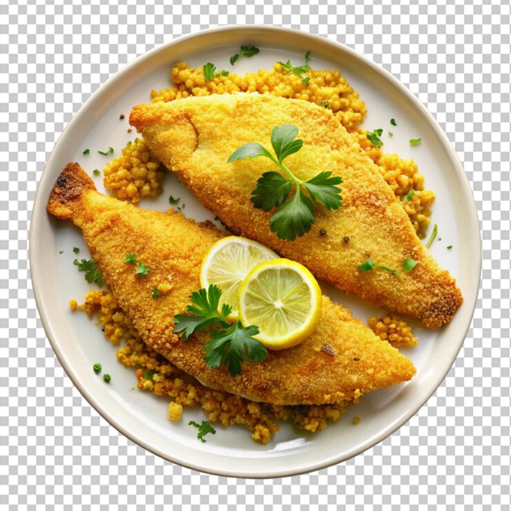 PSD plato de pescado con corteza de harina de maíz sobre un fondo transparente