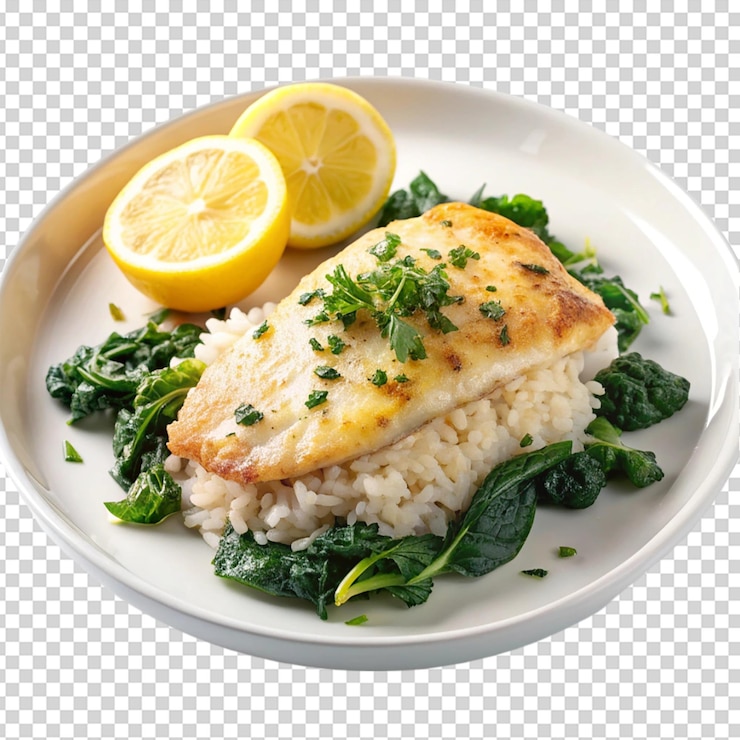 PSD plato de pescado florentino con espinaca y arroz con fondo blanco aislado
