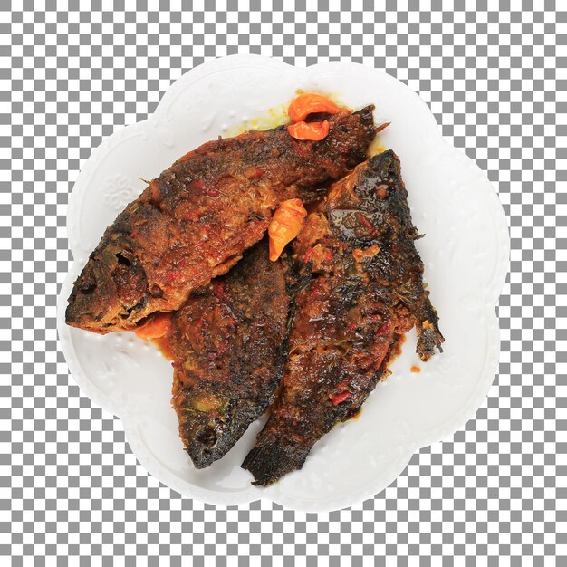 Un plato de pescado pesmol al horno sobre fondo transparente