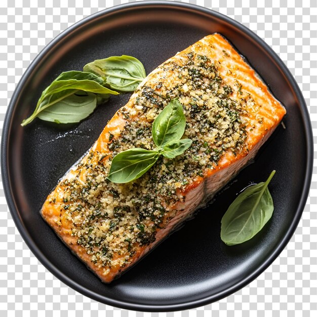 un plato de pescado de salmón aislado sobre un fondo transparente con recorte de PNG