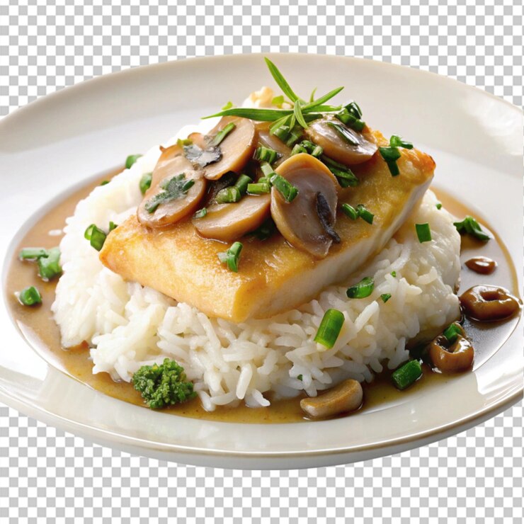 PSD un plato de pescado sobre arroz blanco con un hongo de vino en un fondo transparente