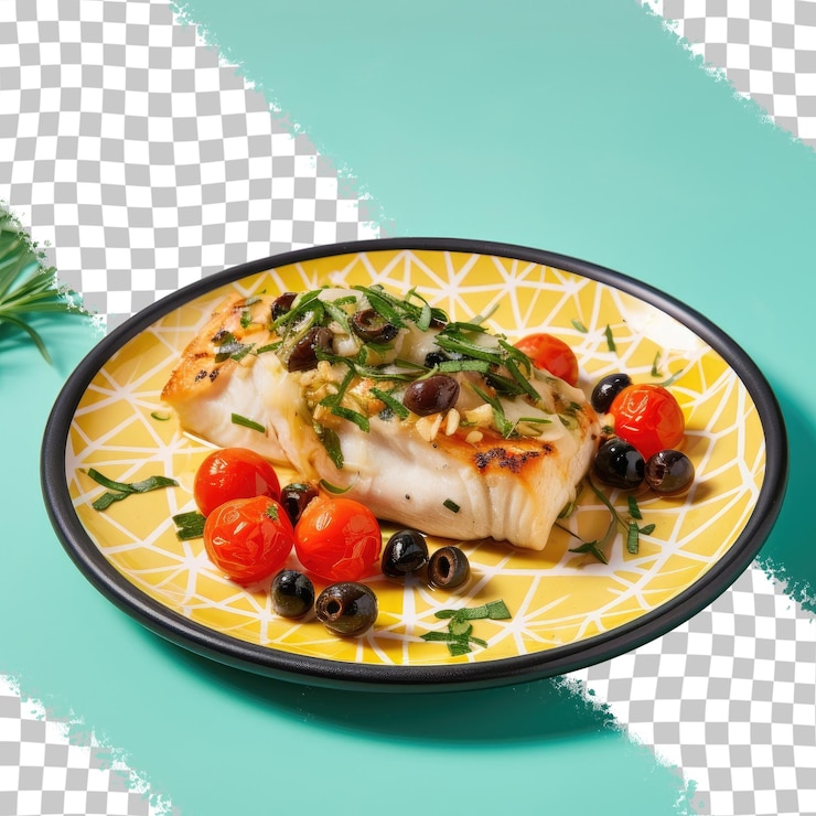 PSD un plato de pescado, tomates y verduras sobre una mesa.