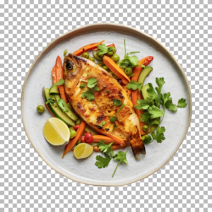 PSD un plato de pescado y verduras con curry en un fondo transparente