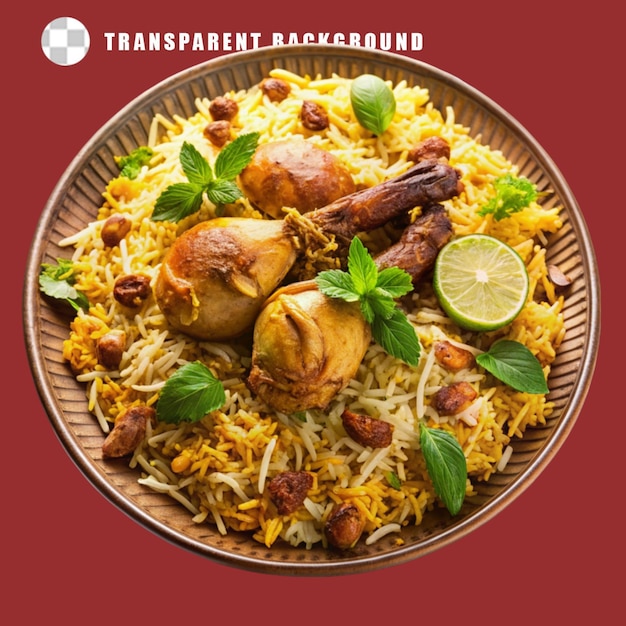 un plato de pollo biryani con pollo y especias en un fondo transparente