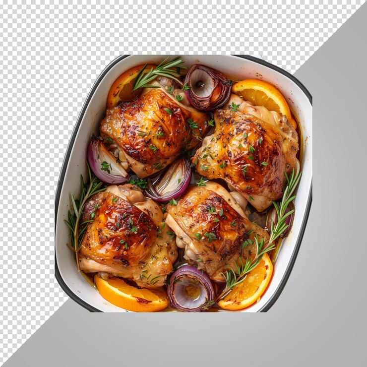PSD un plato de pollo con cebollas y cebollas en un recipiente blanco