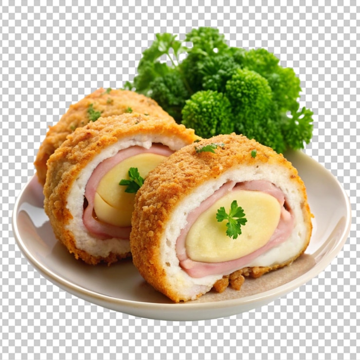 PSD un plato de pollo cordon bleu en un fondo transparente