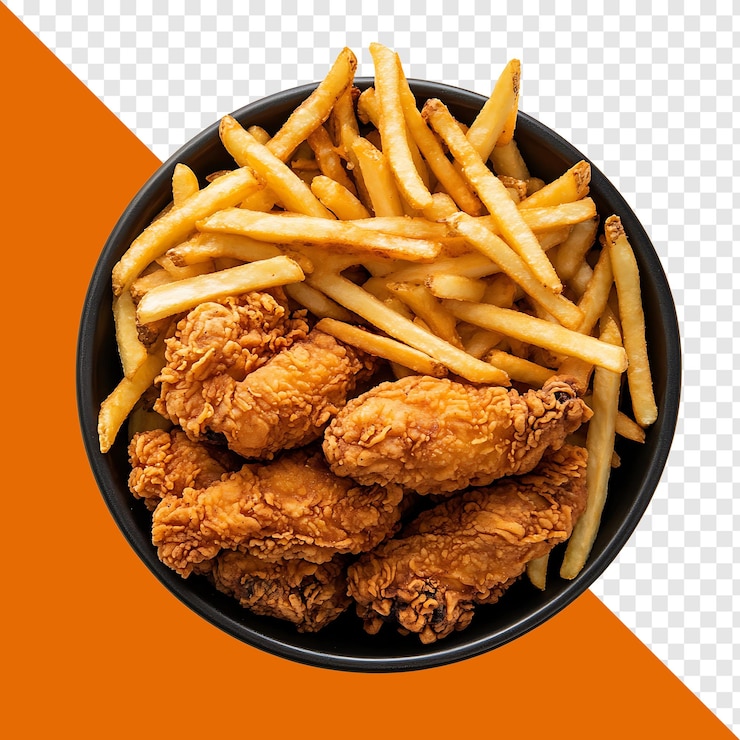 PSD un plato de pollo frito y papas fritas con un plato negro de papas fritas