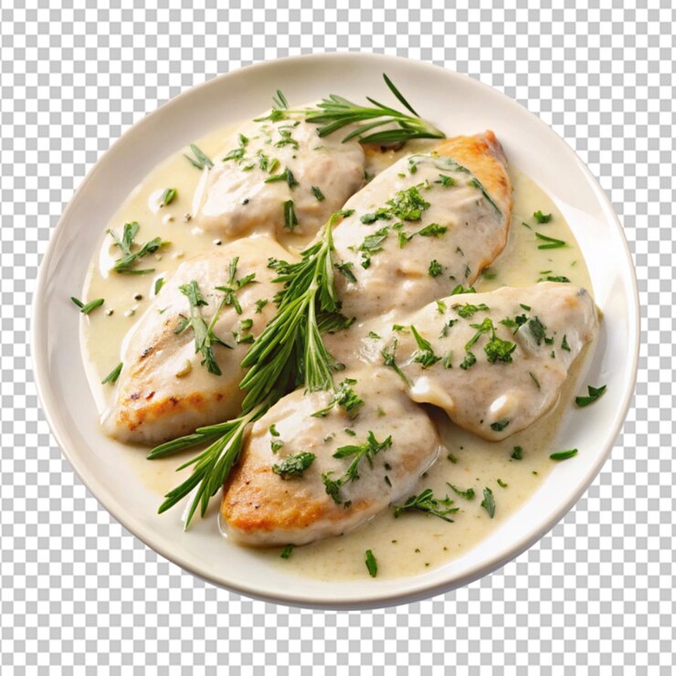 PSD plato de pollo con hierbas cremosas sobre un fondo transparente
