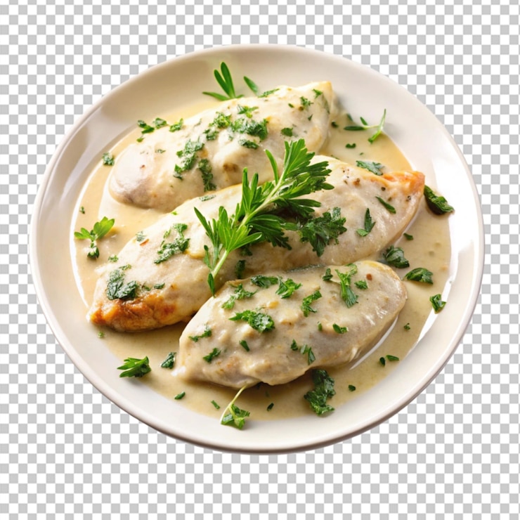 PSD plato de pollo con hierbas cremosas sobre un fondo transparente