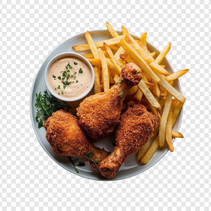 PSD un plato de pollo y papas fritas con un lado de salsa