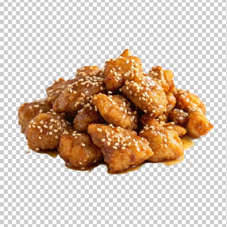 PSD un plato de pollo de sésamo con miel crujiente en un fondo transparente