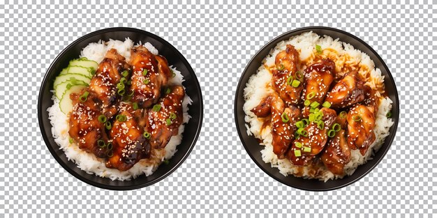 PSD plato de pollo teriyaki con arroz aislado en un fondo transparente vista desde arriba