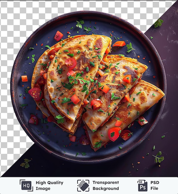 PSD plato premium de quesadillas cubierto de tomates rojos en rodajas y servido en un plato azul