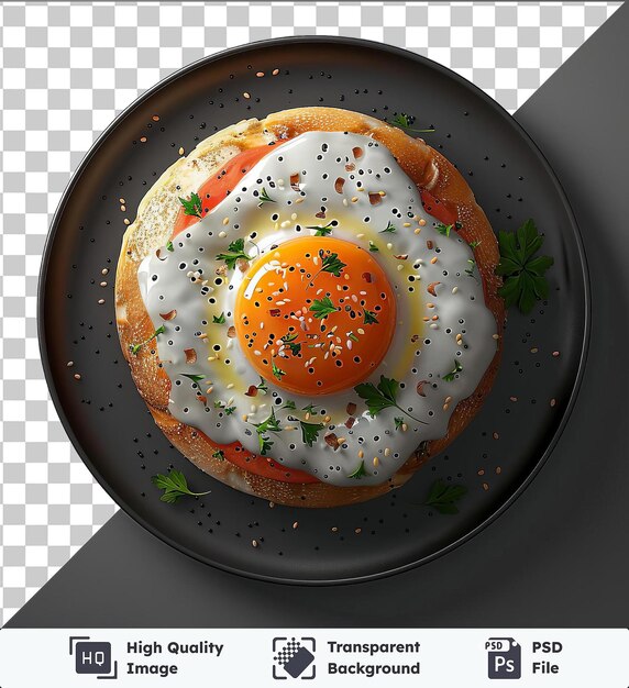 PSD plato de psd balik ekmek transparente de alta calidad con un huevo frito con una yema de naranja acompañado de una hoja verde