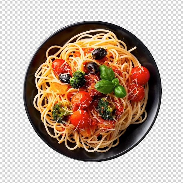 Plato psd de pasta de fideos con verduras y queso aislados sobre un fondo transparente