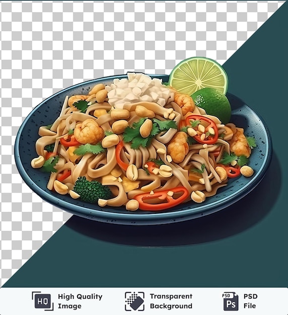 PSD plato psd transparente de alta calidad de fideos y verduras pad thai con pimientos rojos y naranjas en rodajas, brócoli verde y un cuenco azul con una sombra oscura en el fondo