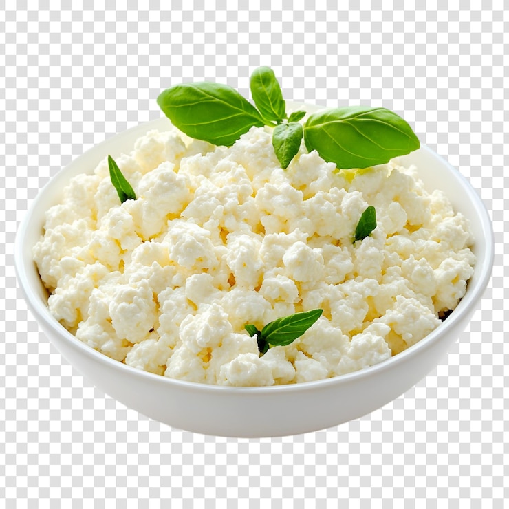 PSD el plato de queso cottage, la albahaca fresca, la guarnición, los alimentos saludables y los productos lácteos