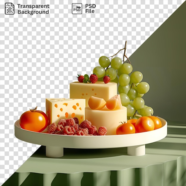 PSD plato de queso de patata con una variedad de quesos uvas y tomates en un fondo transparente contra una pared blanca