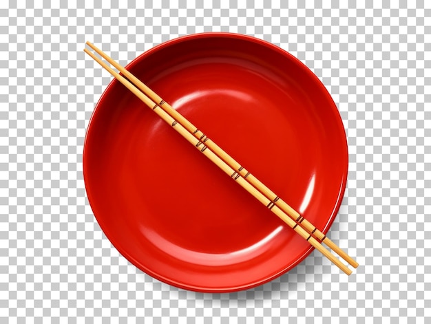 Plato rojo con palitos chinos aislado sobre fondo transparente vista superior png psd