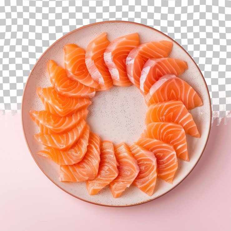 PSD un plato de salmón está en una mesa con un plato blanco con un borde rosa