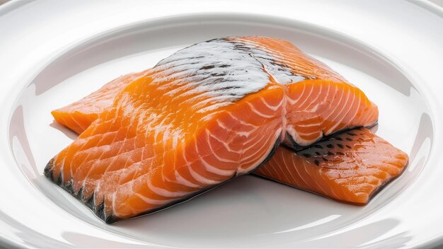 PSD un plato de salmón está en un plato blanco con una franja negra y gris